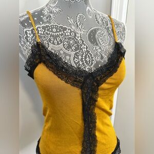 Zara Knit Mustard Yellow Black Lace Camisole Top. Small. Soft. Stretchy. Sexy.